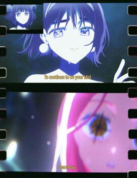 2girls alien_stage black_hair commentary earrings empty_eyes english_commentary english_text goby_son hairband highres jewelry mizi_(alien_stage) multiple_girls oshi_no_ko pink_hair short_hair sphere_earrings sua_(alien_stage) white_hairband yellow_eyes