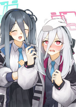 Rule 34 | 1other, 2girls, ^ ^, absurdres, aris (blue archive), black hair, black hairband, blue archive, blue necktie, blush, braid, bright pupils, closed eyes, commentary request, disembodied hand, double-parted bangs, grey hair, hair between eyes, hairband, half up braid, halo, headpat, highres, kei (blue archive), kei (new body) (blue archive), long hair, long hair between eyes, multiple girls, necktie, one side up, pink eyes, ringed eyes, shirt, simple background, smile, tap (vjnm2724), very long hair, white background, white pupils, white shirt