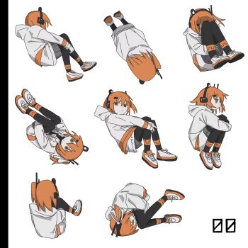 Rule 34 | 1girl, adachi rei, black pantyhose, commentary, from behind, from side, grey skirt, highres, hugging own legs, jacket, long sleeves, looking at viewer, medium hair, miniskirt, mizhou (mzhu112646), multiple views, orange eyes, orange hair, pantyhose, pleated skirt, shoes, simple background, skirt, sneakers, utau, white background, white jacket