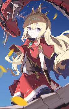 1girl absurdres blonde_hair blue_background cagliostro_(granblue_fantasy) cowboy_shot granblue_fantasy grey_eyes hair_between_eyes hairband highres long_hair looking_at_viewer m_mmig purple_eyes red_skirt sidelocks simple_background skirt solo spiked_hairband spikes