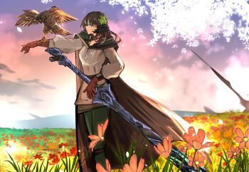 1girl adventurer_(ff14) animal_on_arm arya_melati au_ra beak belt bird bird_on_arm bird_on_hand black_belt black_hair black_horns black_scales brown_cloak brown_gloves cloak closed_mouth commission commissioner_upload dragon_girl dragon_horns falcon falconry field final_fantasy final_fantasy_xiv flower flower_field freckles gloves green_cloak green_eyes green_flower green_pants hair_flower hair_ornament hand_on_hilt highres horns katana long_sleeves medium_hair orange_flower original pants peregrine_falcon pink_flower red_flower samurai samurai_(final_fantasy) scabbard scales sheath sheathed shirt smile solo sword tunic two-sided_cloak two-sided_fabric vgen_commission warrior_of_light_(ff14) weapon white_shirt white_streaks white_tunic