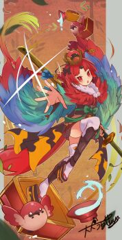 0kami_89zo 1girl absurdres armor beni-enma beni-enma_(third_ascension) bird box cup fate/grand_order fate_(series) feather-trimmed_sleeves greaves highres holding holding_sword holding_weapon katana long_hair red_eyes red_hair sakazuki signature sparrow sword thighhighs weapon white_thighhighs wide_sleeves