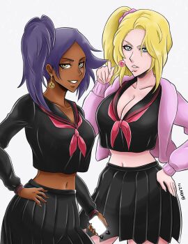 2girls artist_name bleach bleach:_sennen_kessen-hen blonde_hair blue_eyes breasts candy collarbone dark-skinned_female dark_skin earrings food hand_on_own_hip holding holding_phone ivizard_art93 jewelry large_breasts lollipop looking_at_viewer matsumoto_rangiku mole mole_under_mouth multiple_girls navel official_alternate_costume phone purple_hair sailor_collar school_uniform shihouin_yoruichi side_ponytail simple_background skirt white_background yellow_eyes