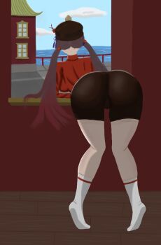 Rule 34 | 1girl, ass, commentary, english commentary, from behind, fumo yakumo, genshin impact, hat, hu tao (genshin impact), looking ahead, solo, thighs, twintails, window