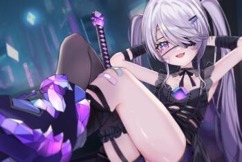 1girl absurdres bandaid bandaid_on_face bandaid_on_leg blush castellayaki chest_belt choker crop_top dress eyepatch flat_chest frilled_choker frilled_dress frilled_thighhighs frills gem hair_ornament hairclip highres hololive hololive_english katana koseki_bijou koseki_bijou_(casual) long_hair miniskirt open_mouth purple_eyes purple_hair sitting skirt sword thighhighs tomato_(sword) twintails virtual_youtuber weapon