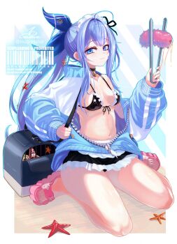 1girl 2boys absurdres ahoge anchor_(innocent_maid)_(nikke) anchor_(nikke) apron bag bikini black_bikini black_ribbon blue_bow blue_eyes blue_hair blue_jacket blue_nails bow breasts collar crossover diagonal-striped_background duffel_bag frilled_bikini frills front-tie_bikini_top front-tie_top goddess_of_victory:_nikke hair_bow hair_intakes hair_ribbon happy highres holding holding_bag holding_tongs inugressive jacket light_smile long_hair long_sidelocks looking_at_viewer maid maid_bikini maid_headdress multiple_boys nail_polish partially_unzipped patrick_star pink_sandals ponytail ribbon sandals sea_cucumber sidelocks sitting slides small_breasts spongebob_squarepants spongebob_squarepants_(series) starfish striped_background swimsuit toenail_polish toenails tongs twitter_username unconventional_maid very_long_hair waist_apron wariza zipper