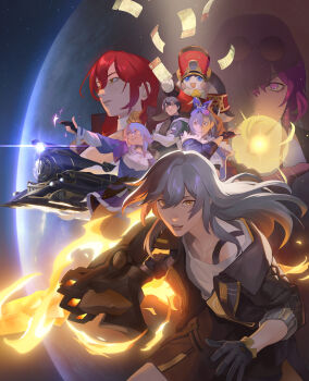 1boy 1other 5girls absurdres animal_ears arm_up armor astral_express_(honkai:_star_rail) badge belt black-framed_eyewear black_belt black_choker black_gloves black_hair black_jacket black_ribbon black_shirt black_skirt black_sky blue_eyes blue_jacket buttons chinese_clothes choker closed_mouth coat collarbone collared_shirt commentary covered_mouth cowboy_shot creature crossed_arms crossed_bangs dan_heng_(honkai:_star_rail) dan_heng_(hunt)_(honkai:_star_rail) dress drill_hair ear_piercing earclip earrings english_commentary eyeliner eyewear_on_head fire floating_hair fur-trimmed_jacket fur_trim gloves goggles goggles_on_head golden_rose green_eyes grey_eyes grey_hair hair_between_eyes hair_ribbon hand_up hat high_ponytail highres himeko_(honkai:_star_rail) holding holding_sword holding_ticket holding_weapon honkai:_star_rail honkai_(series) jacket jewelry kafka_(honkai:_star_rail) lapels lips long_hair long_sleeves looking_at_viewer looking_to_the_side looking_up makeup march_7th_(honkai:_star_rail) march_7th_(preservation)_(honkai:_star_rail) miniskirt multiple_girls open_clothes open_coat open_jacket open_mouth outdoors partially_fingerless_gloves piercing pink_eyes pink_hair pink_pupils planet pleated_skirt pom-pom_(honkai:_star_rail) ponytail puffy_long_sleeves puffy_sleeves purple-tinted_eyewear purple_eyes purple_gloves purple_hair purple_jacket purple_skirt rabbit_ears red_eyeliner red_hair red_hat red_jacket ribbon round_eyewear shirt short_hair shoulder_armor sidelocks silver_wolf_(honkai:_star_rail) single_earring skirt sky sleeveless sleeveless_dress smile space standing star_(sky) star_(symbol) star_rail_special_pass_(honkai:_star_rail) starry_sky stelle_(honkai:_star_rail) sunglasses suqling sword t-shirt tank_top teeth thigh_strap ticket tied_jacket tinted_eyewear trailblazer_(honkai:_star_rail) train two-sided_fabric two-sided_jacket v-shaped_eyebrows weapon white_coat white_dress white_shirt white_tank_top yellow_eyes