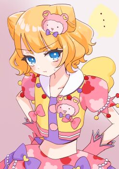 ... 1girl absurdres blue_eyes blunt_bangs bow collarbone cone_hair_bun cowboy_shot double_bun hair_bun highres idol_clothes kuma_(pripara) looking_at_viewer madori_(1ldkplanet) minami_mirei pink_bow pout pretty_series pripara short_hair short_sleeves