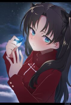 1girl absurdres black_hair black_ribbon blue_eyes blue_gem breasts clomodo closed_mouth commentary_request fate/stay_night fate_(series) gem highres holding holding_gem long_hair long_sleeves looking_at_viewer medium_breasts parted_bangs red_sweater ribbon solo sweater tohsaka_rin turtleneck two_side_up upper_body very_long_hair