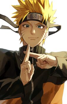 1boy bbangnya blonde_hair blue_eyes closed_mouth commentary_request facial_mark forehead_protector highres jacket konohagakure_symbol korean_commentary looking_at_viewer male_focus naruto_(classic) naruto_(series) orange_jacket short_hair simple_background smile solo spiked_hair uzumaki_naruto whisker_markings white_background zipper zipper_pull_tab