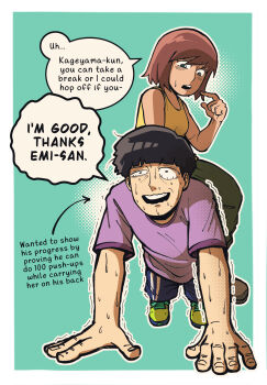 1boy 1girl aqua_background black_hair bowl_cut brown_hair emi_(mob_psycho_100) english_text exercising fukami_emi green_background highres illogical_snoos kageyama_shigeo mob_psycho_100 nervous purple_shirt push-ups shaking shirt short_hair short_sleeves sitting sitting_on_person sleeveless sleeveless_shirt speech_bubble struggling sweat yellow_shirt