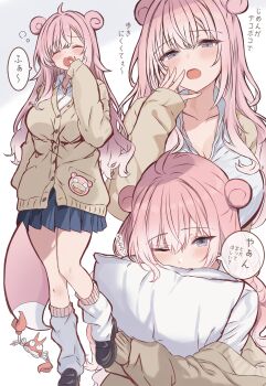 1girl ahoge black_shoes blue_skirt blush breasts brown_cardigan cardigan check_translation cleavage closed_eyes collarbone collared_shirt commentary_request cutlass_(classic_chocolate) double_bun full_body gen_1_pokemon grey_eyes gyaru gyaru_slowpoke_(shin_no_tenpii) hair_bun hand_up highres hugging_object kogal krabby large_breasts leg_warmers long_hair long_sleeves looking_at_viewer multiple_views nintendo one_eye_closed personification pillow pillow_hug pink_hair pleated_skirt pokemon school_uniform shirt shoes simple_background skirt sleepy slowpoke solo speech_bubble squeans standing tail translation_request white_background white_shirt