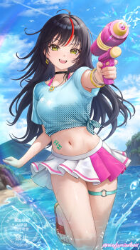 1girl absurdres ahoge armpit_peek black_choker black_hair blue_shirt bra_strap breasts choker commission crop_top earrings green_eyes highres holding holding_water_gun jewelry leg_up long_hair looking_at_viewer medium_breasts midriff miniskirt multicolored_hair navel open_mouth original outstretched_arm pleated_skirt shirt short_sleeves side-tie_shirt skirt smile solo stomach streaked_hair thighs two-tone_skirt wajuniorbox water water_gun white_skirt