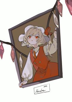 Rule 34 | 1girl, blonde hair, character name, commentary request, crystal wings, dee (tannsumi), flandre scarlet, hat, highres, long sleeves, looking up, mob cap, necktie, open mouth, painting (object), picture frame, red eyes, red nails, red necktie, red skirt, red vest, ribbon, shirt, short hair, side ponytail, simple background, skirt, solo, touhou, vest, white background, white shirt, wings