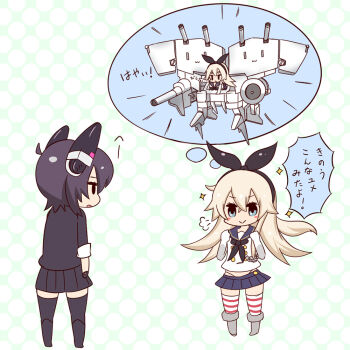 10s 1990s_(style) 2girls :&gt; :3 anchor_hair_ornament black_legwear black_skirt blonde_hair blue_eyes blue_skirt crop_top crop_top_overhang dendrobium_schema gundam gundam_0083 hair_between_eyes hair_ornament hairband headgear highleg highleg_panties kakihitoshirazu kantai_collection long_hair miniskirt multicolored_legwear multiple_girls neckerchief panties pleated_skirt purple_hair retro_artstyle school_uniform serafuku shimakaze_(kancolle) short_hair simple_background skirt striped_clothes striped_legwear striped_thighhighs tenryuu_(kancolle) thighhighs underwear white_background