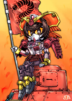 10s 1girl bad_id bad_pixiv_id brown_eyes brown_hair bug centipede colored_sclera crossover flag girls_und_panzer girls_und_panzer_ribbon_no_musha gundam headband highres mayohi_neko mecha mecha_musume military military_vehicle motor_vehicle musha_gundam orange_sclera robot signature tank tsuruki_shizuka type_97_te-ke vehicle