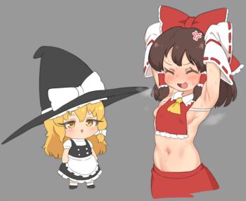 2girls :d adapted_costume anger_vein apron armpits arms_up ascot basukechi blonde_hair blush bow braid breasts brown_hair chibi commentary cropped_legs detached_sleeves english_commentary frilled_bow frilled_hair_tubes frills full_body grey_background hair_bow hair_tubes hakurei_reimu hat hat_bow kirisame_marisa long_hair looking_at_another multiple_girls navel open_mouth parted_lips red_bow red_skirt side_braid sideboob simple_background single_braid skirt smile steaming_body stretching sweat touhou v-shaped_eyebrows waist_apron witch_hat yellow_ascot yellow_eyes