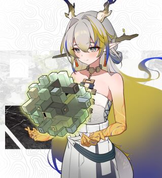 Rule 34 | 1girl, arknights, ashiba, bare shoulders, choker, commentary request, cowboy shot, grey eyes, grey hair, highres, horns, jewelry, long hair, necklace, pants, pointy ears, shu (arknights), smile, solo, standing, strapless, tube top, very long hair, white pants