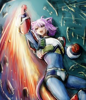 1girl ahoge alternate_costume animal_ear_fluff animal_ears blue_bodysuit bodysuit cat_ears cat_girl cat_tail cosplay highres hololive looking_at_viewer medium_hair mega_man_(series) mega_man_x_(series) nekomata_okayu nymph_rhythm open_mouth purple_eyes purple_hair smile solo tail virtual_youtuber x_(mega_man) x_(mega_man)_(cosplay)