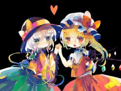 Rule 34 | 2girls, ascot, bat wings, black hat, blonde hair, blouse, bow, buttons, crystal, diamond button, eyeball, flandre scarlet, frilled shirt collar, frilled sleeves, frills, green hair, green skirt, hat, hat bow, hat ribbon, heart, heart of string, hiyuu (hiyualice), komeiji koishi, mob cap, multicolored wings, multiple girls, one side up, open mouth, puffy short sleeves, puffy sleeves, red eyes, red skirt, red vest, ribbon, shirt, short sleeves, side ponytail, skirt, skirt set, touhou, vest, white background, white hat, wide sleeves, wings, yellow ascot, yellow bow, yellow ribbon, yellow shirt