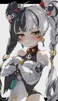 Rule 34 | 1girl, absurdres, ahoge, animal print, bare shoulders, bear print, black hair, blush, braid, braided twintails, cable, china dress, chinese clothes, closed mouth, crossed arms, detached sleeves, dialyn (zenless zone zero), dress, hair extensions, hair ornament, hairclip, highres, id card, letterboxed, long hair, looking at viewer, moderate gold, multicolored hair, necktie, panda hair ornament, panda print, ring hair extensions, simple background, solo, sparkling eyes, split-color hair, sweat, upper body, white background, white dress, white hair, yellow eyes, yellow necktie, zenless zone zero