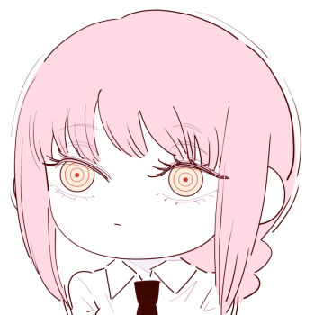 1girl chainsaw_man chibi chibi_only closed_mouth collared_shirt deer60868637 limited_palette long_hair makima_(chainsaw_man) necktie pink_hair ringed_eyes shirt sidelocks solo yellow_eyes