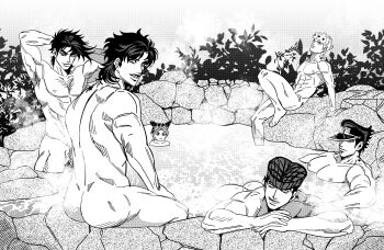 1girl 5boys abs absurdres arms_behind_head ass battle_tendency birthmark braid bun_with_braided_base commentary_request completely_nude cone_hair_bun danggo99 diamond_wa_kudakenai double_bun giorno_giovanna greyscale hair_bun hat higashikata_josuke highres joestar_birthmark jojo_no_kimyou_na_bouken jonathan_joestar joseph_joestar joseph_joestar_(young) korean_commentary kuujou_jolyne kuujou_joutarou large_pectorals mixed-sex_bathing monochrome multicolored_hair multiple_boys muscular muscular_male nude onsen pectorals phantom_blood pompadour shared_bathing smile star_(symbol) stardust_crusaders stone_ocean two-tone_hair vento_aureo