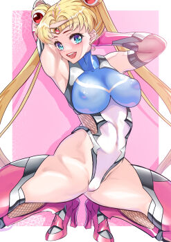 1girl absurdres aqua_eyes arion_canvas armpits arms_behind_head arms_up bishoujo_senshi_sailor_moon blonde_hair blue_leotard bow breasts circlet covered_erect_nipples double_bun earrings elbow_gloves gloves hair_bun high_heels highleg highleg_leotard highres jewelry large_breasts leotard long_hair multicolored_leotard pink_gloves pink_thighhighs revision sailor_moon solo split spread_legs stud_earrings taimanin_(series) taimanin_suit thighhighs tsukino_usagi twintails two-tone_leotard very_long_hair white_leotard
