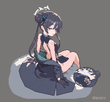 1girl backless_dress backless_outfit black_dress black_gloves black_hair blue_archive butterfly_hair_ornament china_dress chinese_clothes coat double_bun dress gloves grey_eyes grey_halo hair_bun hair_ornament halo jacket kisaki_(blue_archive) lav2pix long_hair looking_at_viewer lowres pinstripe_jacket pinstripe_pattern pixel_art simple_background sitting sleeveless sleeveless_dress solo striped_clothes striped_coat striped_jacket twintails vertical-striped_clothes vertical-striped_coat vertical-striped_jacket