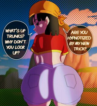 18zart 1girl animated animated_gif ass ass_clapping ass_shake bandana black_eyes black_hair blunt_bangs bouncing_ass curvy denim denim_shorts dragon_ball dragon_ball_gt english_text from_behind highres huge_ass jiggle kyojiri_loli loli looking_at_viewer looking_back medium_hair midriff narrow_waist naughty_face pan_(dragon_ball) pants pocket radaboone red_shirt seductive_smile shirt short_sleeves shorts smile solo speech_bubble thick_thighs thighs tight_clothes tight_pants twerking wide_hips z-art