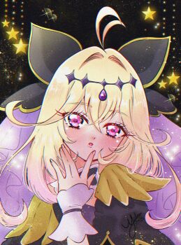 1girl antenna_hair black_background black_bow black_capelet blonde_hair blush bow capelet crossed_bangs cure_arcana_shadow diamond_hairband fingernails hair_between_eyes hair_bow hair_intakes head_tilt long_hair magical_girl meitantei_precure! mel-chan moria_luluka parted_lips precure purple_eyes purple_veil solo sparkle star_(symbol) upper_body veil