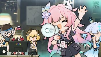 Rule 34 | 5girls, :3, :d, aglaea (honkai: star rail), alternate costume, arm up, black jacket, blonde hair, blue dress, cellphone, cerydra (honkai: star rail), chibi, chibi only, cipher (honkai: star rail), clapping, colored tips, computer, crown, cyrene (demiurge) (honkai: star rail), cyrene (honkai: star rail), dress, flower, grey hair, hair flower, hair ornament, highres, holding, holding phone, honkai: star rail, honkai (series), id card, jacket, lanyard, lihua luoling, long hair, megaphone, multicolored hair, multiple girls, open mouth, phone, photo background, pink hair, purple flower, purple rose, recording, rose, smartphone, smile, sparkle (honkai: star rail), waving