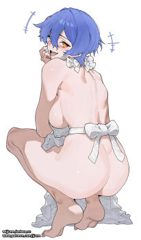 1girl :d apron ass blue_hair blush breasts fanbox_username from_behind highres jjune large_breasts laughing looking_at_viewer looking_back naked_apron open_mouth original patreon_username short_hair sideboob simple_background smile soles solo squatting teeth toes upper_teeth_only white_background