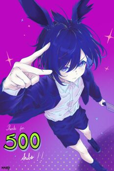 Rule 34 | 1boy, animal ears, arm up, black shoes, blue eyes, blue hair, blue jacket, blue shorts, closed mouth, commentary, commentary request, double-parted bangs, english commentary, from side, full body, hair between eyes, highres, holding, holding knife, indie virtual youtuber, jacket, knife, kurimako, long sleeves, looking at viewer, male focus, mixed-language commentary, open clothes, open jacket, pink background, rabbit boy, rabbit ears, serious, shirt, shoes, short hair, shorts, solo, v, virtual youtuber, white shirt, yozora mako