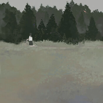 1girl bangqiao_yan bicycle black_hair black_skirt dirt_road forest from_behind full_body grass grey_sky kite nature original path pushing_bicycle road scenery shirt short_hair skirt sky solo white_shirt