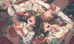 Rule 34 | 3girls, black hair, blush, book, bow, bowtie, brown hair, chips (food), closed eyes, collared shirt, electric fan, food, haemin0201, handheld game console, highres, hunter x hunter, long hair, lying, multiple girls, necktie, nintendo 3ds, on back, open book, open mouth, original, pleated skirt, potato chips, red bow, red bowtie, red necktie, red skirt, shirt, short hair, skirt, smile, sweater vest, white shirt, yellow sweater vest