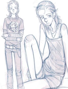 1girl bare_shoulders denim feason graphite_(medium) greyscale highres jeans jewelry medium_hair monochrome multiple_views necklace pants shirt shorts simple_background sketch striped_clothes striped_shirt t-shirt tank_top thighs traditional_media white_background