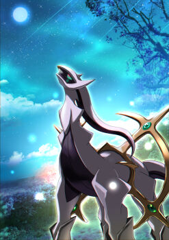 absurdres arceus comet field flower flower_field gen_4_pokemon glowing highres legendary_pokemon looking_up moon mythical_pokemon night nintendo no_humans outdoors pokemon pokemon_(creature) pokemon_focus shiitake_kaden sky tree