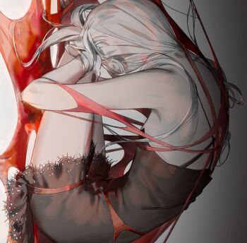 1girl bare_arms black_dress bleeding blood blood_on_clothes copyright_request curled_up dress flat_chest grey_background hurt lace lace-trimmed_dress lace_trim long_hair red_ribbon ribbon short_dress sideways sitting sleeveless sleeveless_dress solo spaghetti_strap toduring torn_clothes very_long_hair white_hair