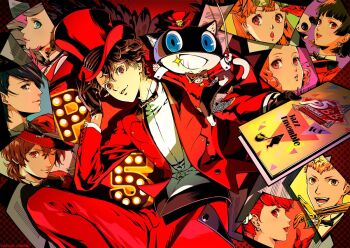 4boys 5girls akechi_goro alternate_costume amamiya_ren animal animal_ear_fluff animal_ears animal_hands black_background black_bow black_bowtie black_eyes black_gloves black_hair blue_eyes bow bowtie cat cat_paws cat_tail checkered_background commentary_request conductor_baton copyright_notice feathered_wings formal_clothes gloves gradient_background grin hand_up hat holding holding_baton holding_pamphlet jacket kitagawa_yusuke looking_at_viewer mask messy_hair mini_hat morgana_(persona_5) multiple_boys multiple_girls multiple_views niijima_makoto official_alternate_costume official_art okumura_haru pants paper persona persona_5 polka_dot polka_dot_background red_background red_hat red_jacket red_pants red_wings saitou_rokuro sakamoto_ryuji sakura_futaba second-party_source sheet_music shirt short_hair smile solo star_(symbol) suit suit_pants tail takamaki_ann traditional_bowtie upper_body white_shirt wings yellow_background yoshizawa_kasumi zipper zipper_pull_tab