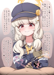 1boy 1girl absurdres aoba_(blue_archive) armband bar_censor black_hat black_jacket blonde_hair blue_archive blush bow bowtie brown_gloves censored closed_mouth clothed_female_nude_male cum ejaculation erection foreskin gloves hat hetero highres humiliation jacket kotomari0 loli long_hair long_sleeves nude penis phimosis pov projectile_cum red_eyes sensei_(blue_archive) slapping_penis small_penis small_penis_humiliation smile solo_focus speech_bubble translated yellow_armband yellow_bow yellow_bowtie