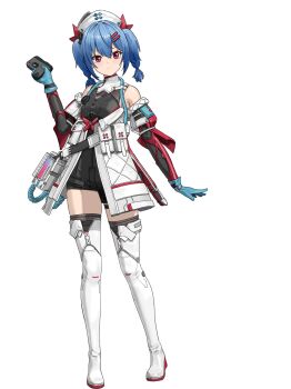 1girl bare_shoulders blue_gloves blue_hair blush boots breasts chinese_commentary closed_mouth colphne_(girls'_frontline_2) commentary_request dress full_body girls'_frontline girls'_frontline_2:_exilium gloves hair_between_eyes hair_ornament hairclip hat highres holding looking_at_viewer luofang_hangzhou medium_hair nurse_cap red_eyes short_twintails simple_background smile solo standing thigh_boots thighhighs twintails white_background