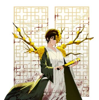 1boy absurdres black_coat black_hair blood blood_on_clothes blood_on_face coat e.g.o_(project_moon) flower flower_over_eye folding_fan hair_flower hair_ornament hanbok hand_fan hands_up hi_i_dubu highres holding holding_fan korean_clothes lattice limbus_company long_sleeves looking_at_viewer parted_lips plant_wings project_moon simple_background solo spicebush_(e.g.o) technology_liberation_alliance_(identity)_(project_moon) white_background white_hanbok wide_sleeves wings yellow_flower yi_sang_(project_moon)