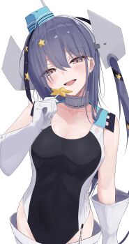 1girl absurdres aqua_hat black_one-piece_swimsuit black_ribbon breasts candy competition_swimsuit food garrison_cap gloves grey_hair hair_ornament hair_ribbon hat highleg highleg_one-piece_swimsuit highres kantai_collection l_meet lollipop long_hair one-piece_swimsuit ribbon scamp_(kancolle) shorts side_ponytail solo star_(symbol) star_hair_ornament swimsuit upper_body white_gloves white_shorts