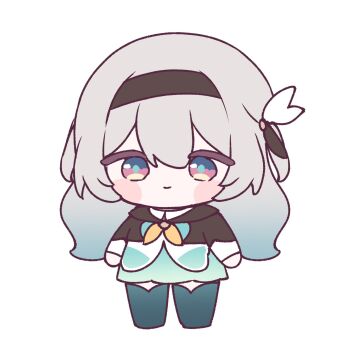aqua_skirt aqua_thighhighs black_hairband black_jacket blue_pupils bridal_gauntlets cropped_jacket firefly_(honkai:_star_rail) gradient_eyes gradient_hair green_pupils green_thighhighs grey_hair hair_between_eyes hair_intakes hairband highres honkai:_star_rail honkai_(series) jacket mikurumikurumi multicolored_eyes multicolored_hair neckerchief orange_neckerchief single_bridal_gauntlet skirt thighhighs two-tone_eyes