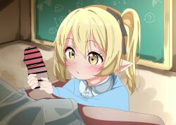 168admiral_(sunflower) 1boy 1girl animated bar_censor black_horns blonde_hair blue_archive blue_shirt censored chalkboard fang hair_ornament handjob hetero horns ibuki_(blue_archive) indoors kindergarten_uniform loli penis pointy_ears precum shirt smile tagme video yellow_eyes