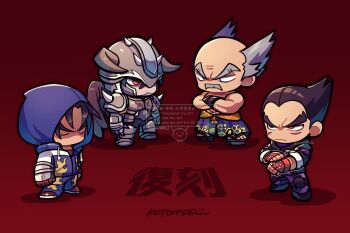 4boys armor balding black_hair chibi chibi_only commentary_request crossed_arms devil_jin facial_hair father_and_son gloves helmet heterochromia horns horns_through_headwear kazama_jin kotorai male_focus mishima_heihachi mishima_kazuya multiple_boys mustache old old_man red_background red_gloves short_hair shoulder_armor simple_background studded_gloves tekken translation_request v-shaped_eyebrows watermark