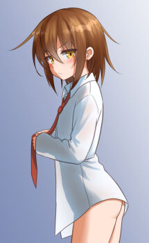 1girl blush brown_eyes brown_hair commentary_request cowboy_shot grey_background kantai_collection long_sleeves naked_shirt necktie no_panties one-hour_drawing_challenge ray.s shirt short_hair smile solo wakaba_(kancolle) white_shirt