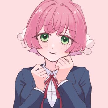 1girl alternate_hair_length alternate_hairstyle black_jacket blush commentary_request flower green_eyes hair_flower hair_ornament hanazono_hakari highres jacket kimi_no_koto_ga_dai_dai_dai_dai_daisuki_na_100-nin_no_kanojo long_sleeves looking_at_viewer neck_ribbon oknomyk pink_background pink_hair red_ribbon ribbon shirt short_hair simple_background smile solo upper_body white_shirt