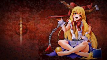 Rule 34 | 1girl, :d, alcohol, arm at side, barefoot, bow, bowtie, brown eyes, brown horns, chain, commentary request, cube, cup, fang, floral background, frilled cuffs, full body, hair bow, hand on own hip, hand up, highres, holding, holding cup, horn bow, horn ornament, horns, ibuki suika, indian style, kii (mahoraba), long hair, long sidelocks, looking at viewer, low-tied sidelocks, oni, open mouth, orange hair, orb, purple skirt, pyramid (geometry), red background, red bow, red bowtie, sakazuki, sake, shirt, sidelocks, sitting, skin fang, skirt, sleeveless, sleeveless shirt, smile, solo, touhou, translation request, very long hair, vignetting, wallet chain, white bow, white shirt, white wrist cuffs, wrist cuffs